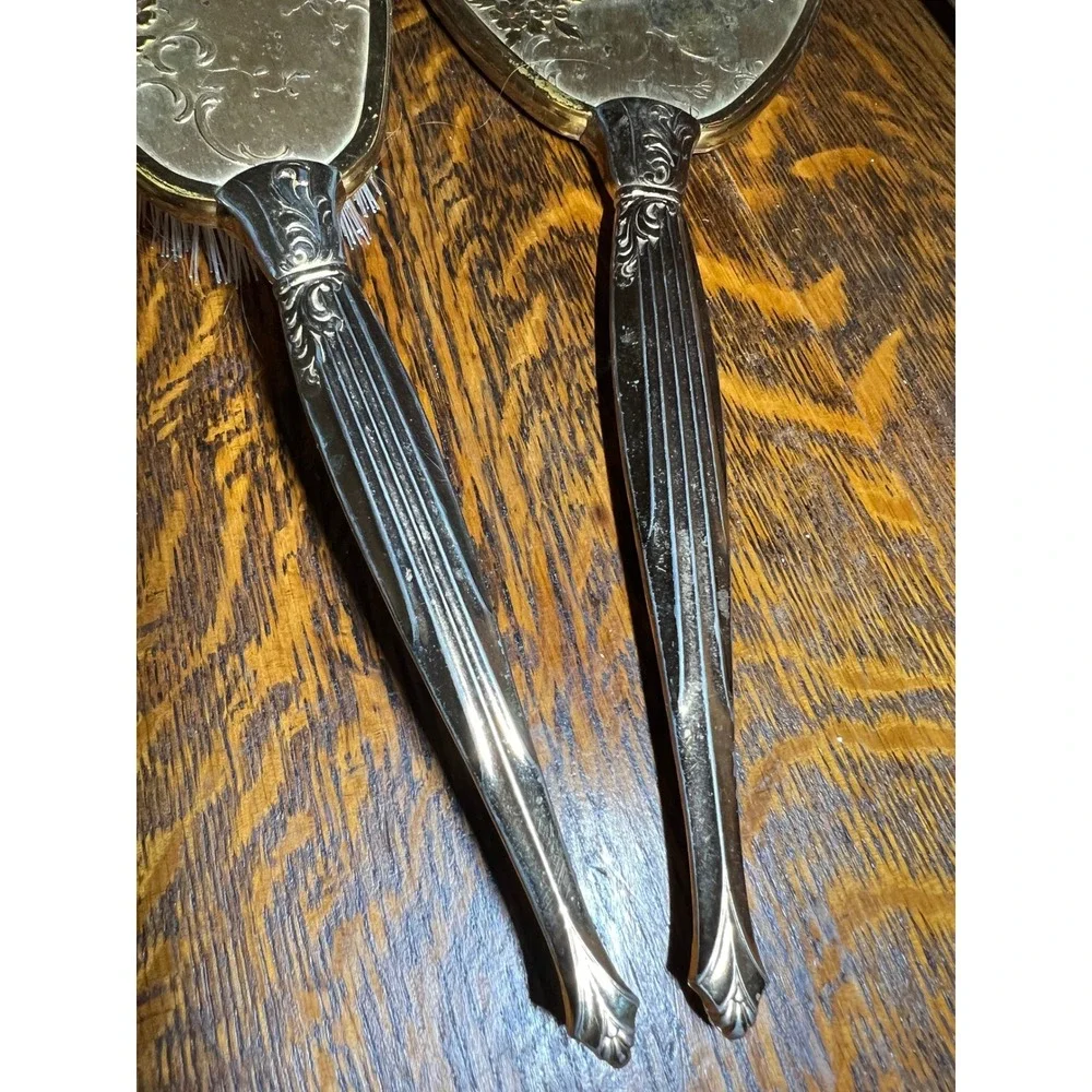 VTG Holywood Regency Floral Silver Gold Tone Hand Mirror & Hair Brush Vanity Set